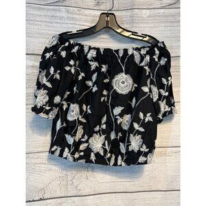 Who What Wear Black Floral Button Off-Shoulder Top XS